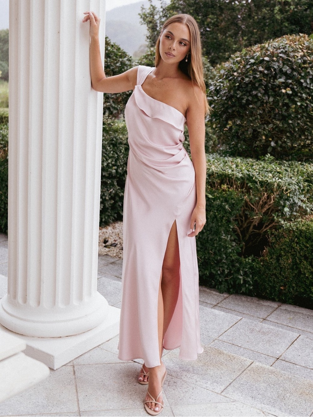 Petal & Pup One-Shoulder Satin Slip Dress in Blush Pink - Picture 4 of 4